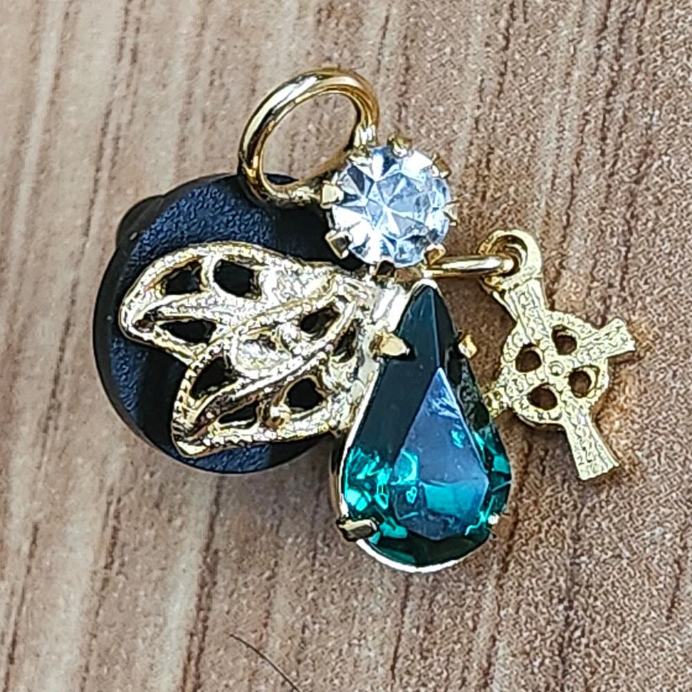 Vintage Gold Tone Angel Lapel Pin Forest Green Drop Crystal Celtic Cross Dangle
